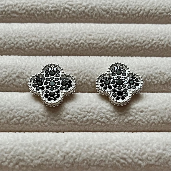Elegant Silver and Black Stud Earrings - Picture 2 of 7